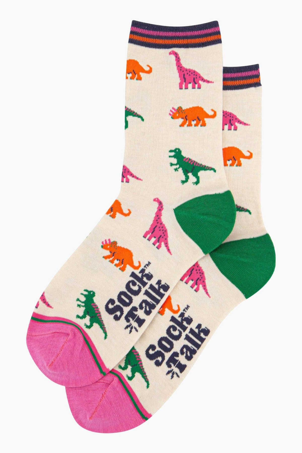 Dino Party strømper fra Sock Talk lagt fladt med synlige mønstre.