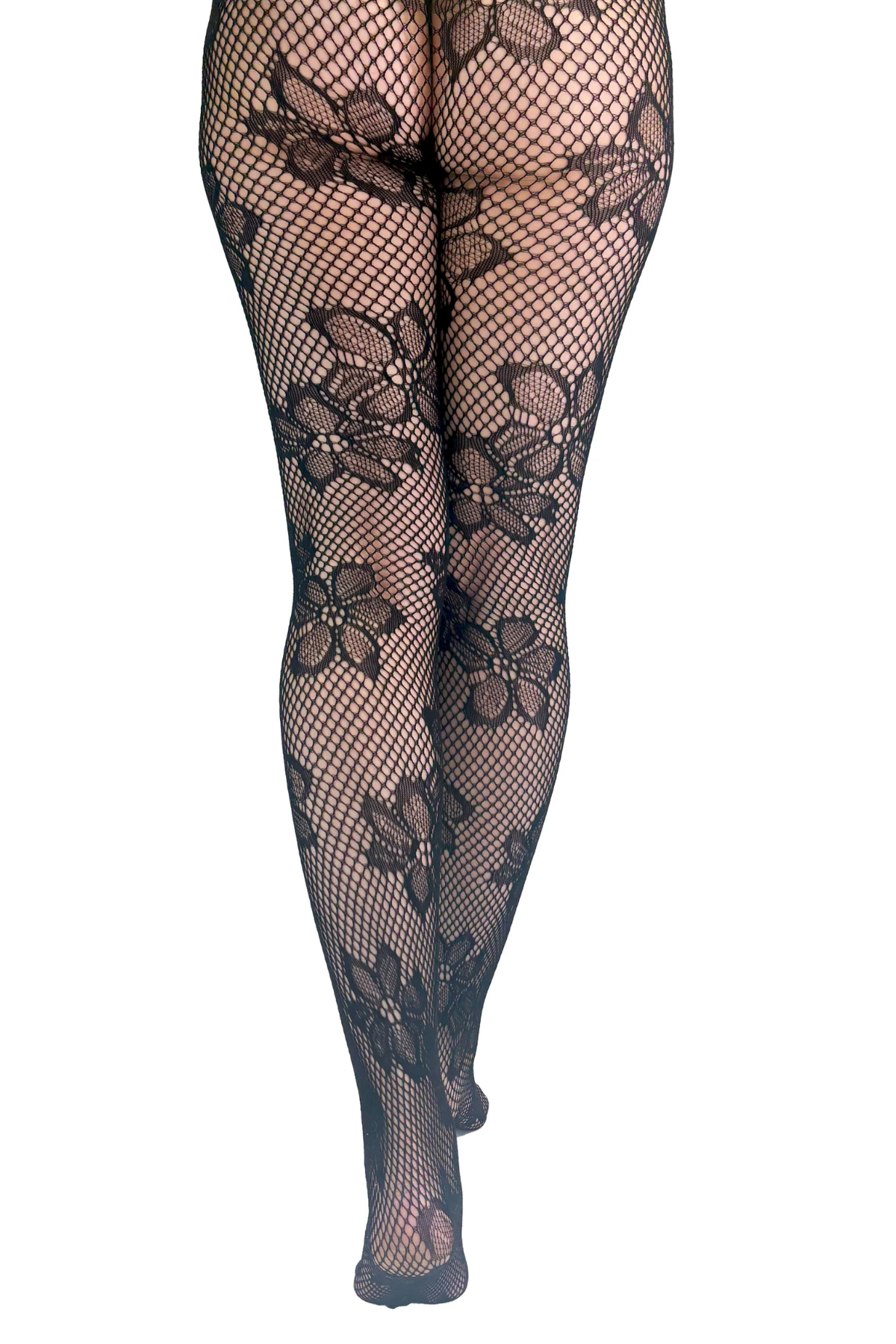 Blossom Net Tights – bagfra visning med feminine blomsterdetaljer
