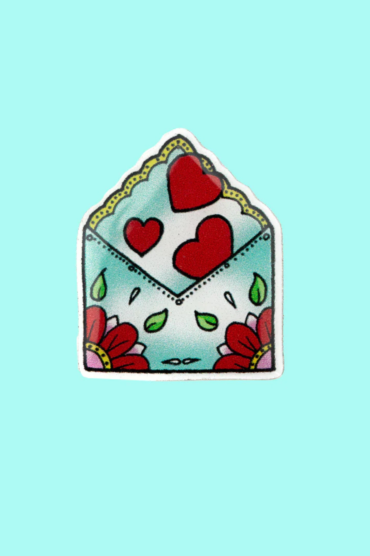 “Hell Bunny Love Note Pin med hjerter og blomster på lyseblå baggrund”
