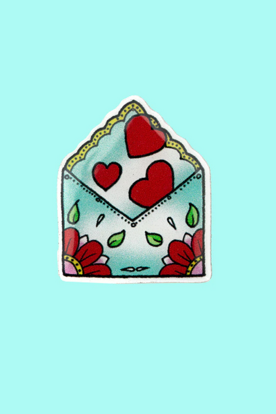 “Hell Bunny Love Note Pin med hjerter og blomster på lyseblå baggrund”