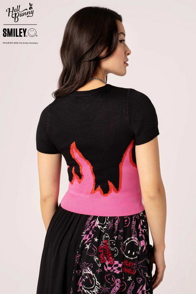 Dylan Top – Sort strik med pink flammer & Smiley®-broderi