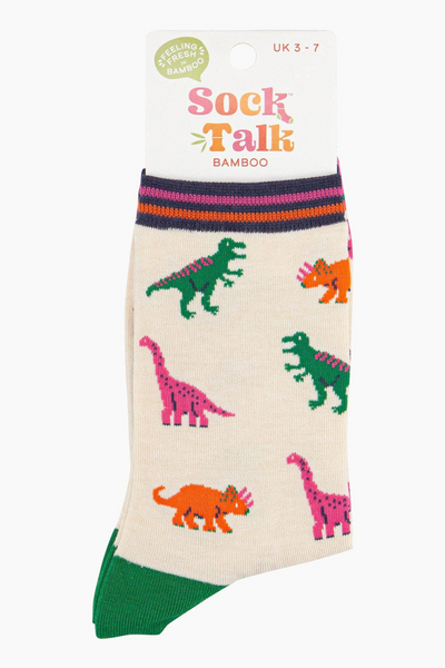 Sock Talk Dino Party bambusstrømper i emballage.