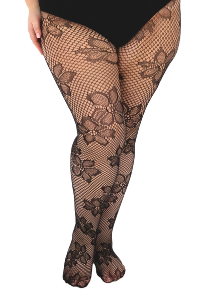 Pamela Mann Blossom Net Curvy Super Stretch Tights – frontvisning af blomster mønster i net