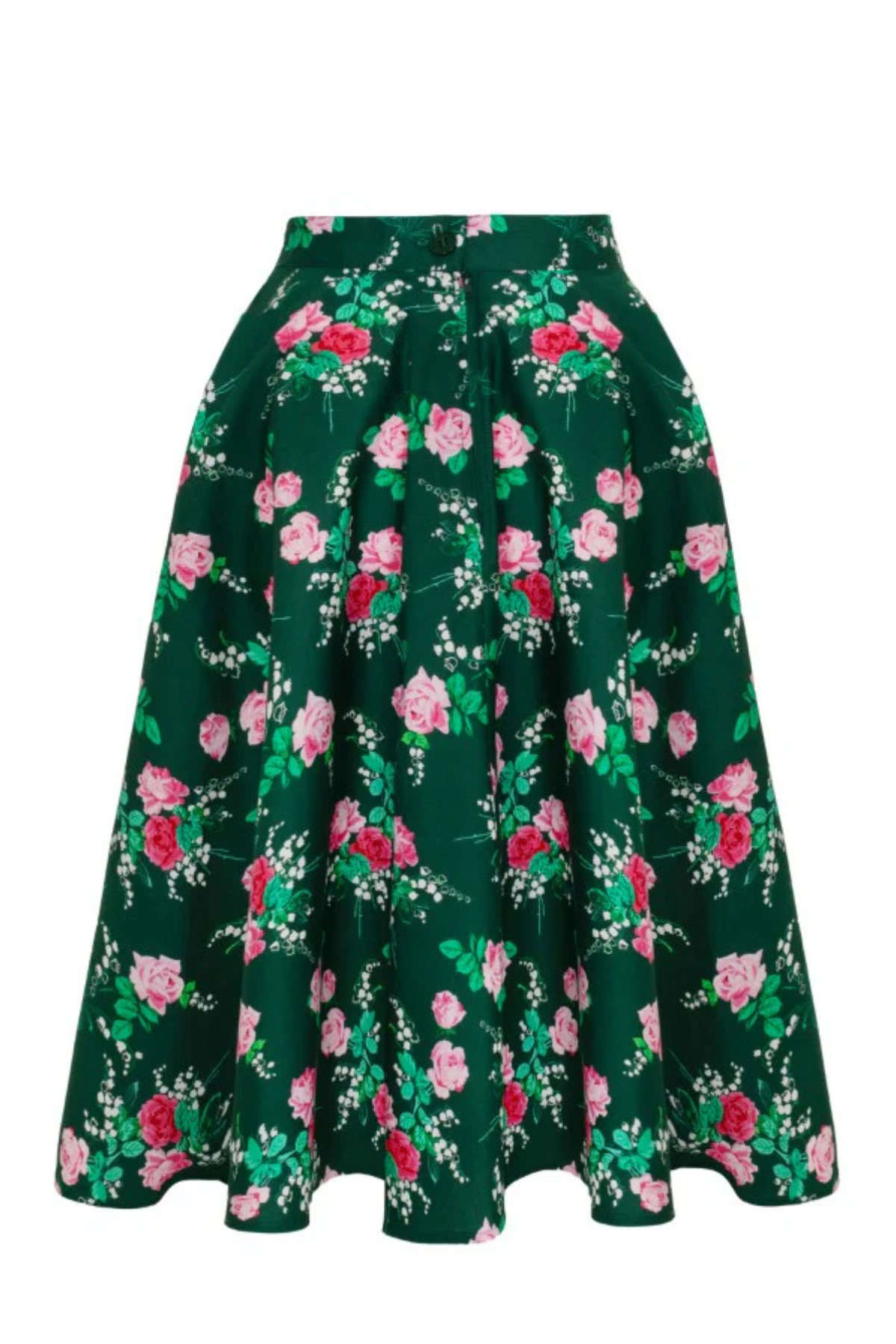 Hell Bunny Mabel Skirt – grøn nederdel med pink blomsterprint, set forfra