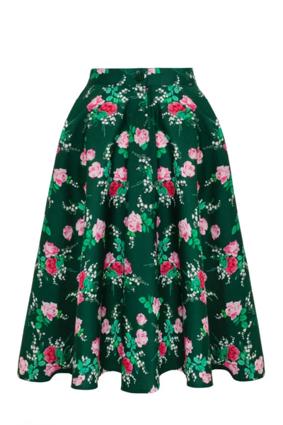 Hell Bunny Mabel Skirt – grøn nederdel med pink blomsterprint, set forfra