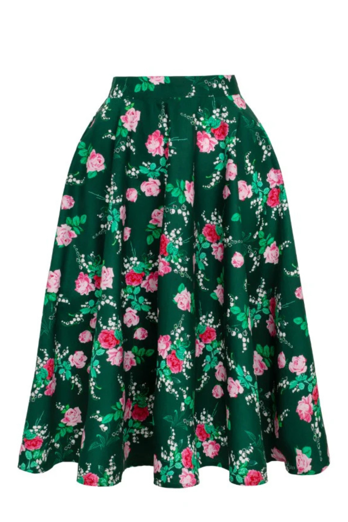 Hell Bunny Mabel Skirt – grøn cirkelskørt med romantisk blomsterprint, set bagfra