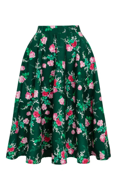 Hell Bunny Mabel Skirt – grøn cirkelskørt med romantisk blomsterprint, set bagfra