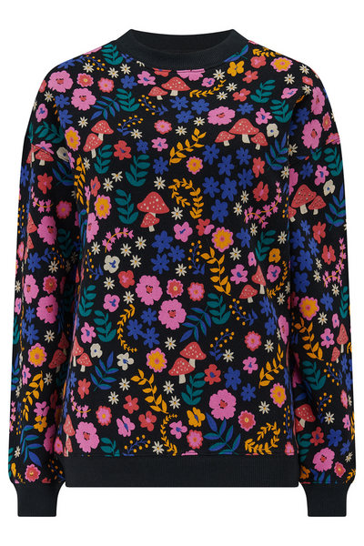 Produktbillede af sweatshirt fra Sugarhill Brighton – sort bund med farverigt blomster- og svampeprint.