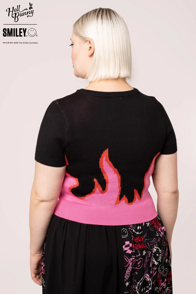 Dylan Top – Sort strik med pink flammer & Smiley®-broderi
