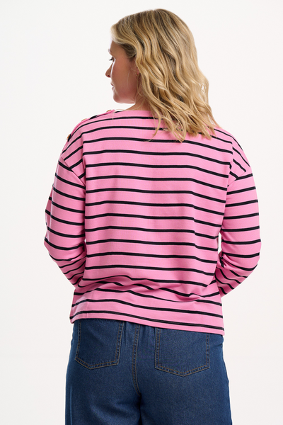 CELINE BRETON bluse set bagfra, rosa med sorte striber.