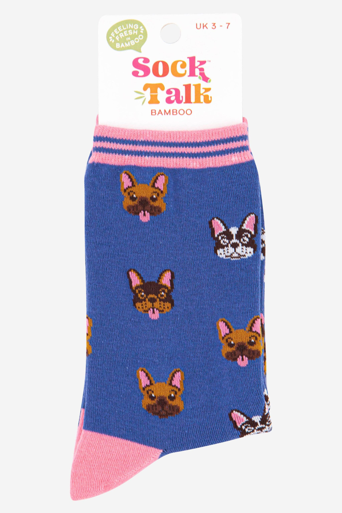 Strømperne vist med Sock Talk mærkat – Frenchie-motiv og klar gaveidé