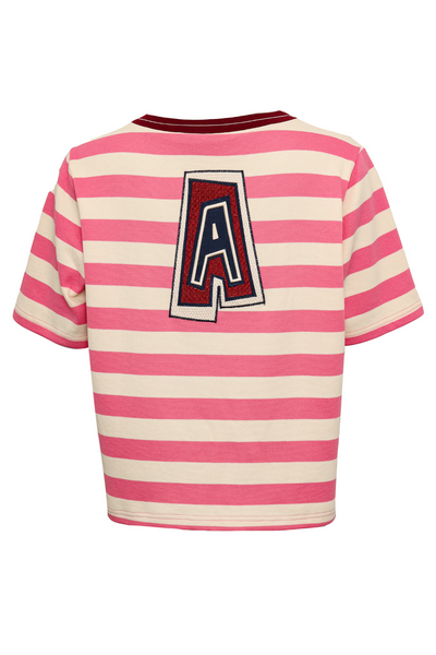 Produktbillede af bagsiden – t-shirt med stort "A"-broderi og brede striber