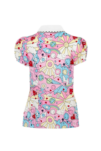 Loulou Blouse produktbillede bagfra – fuldt print med Smiley®-motiver.