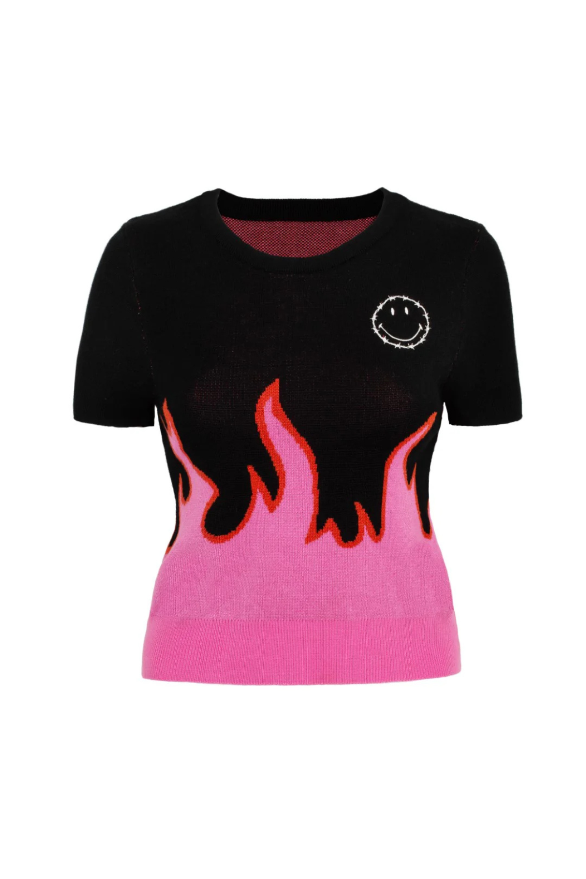 Dylan Top – Sort strik med pink flammer & Smiley®-broderi