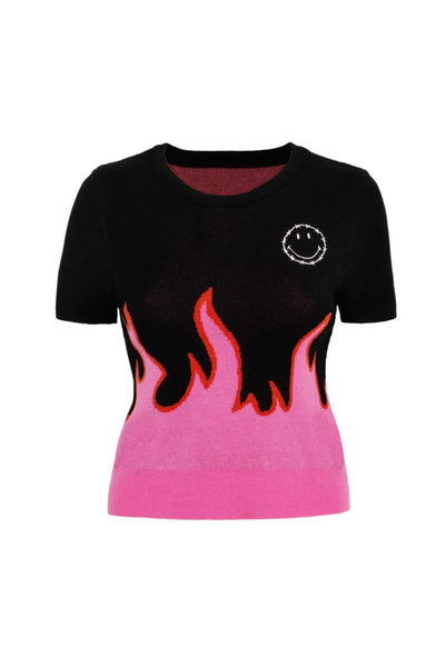 Dylan Top – Sort strik med pink flammer & Smiley®-broderi