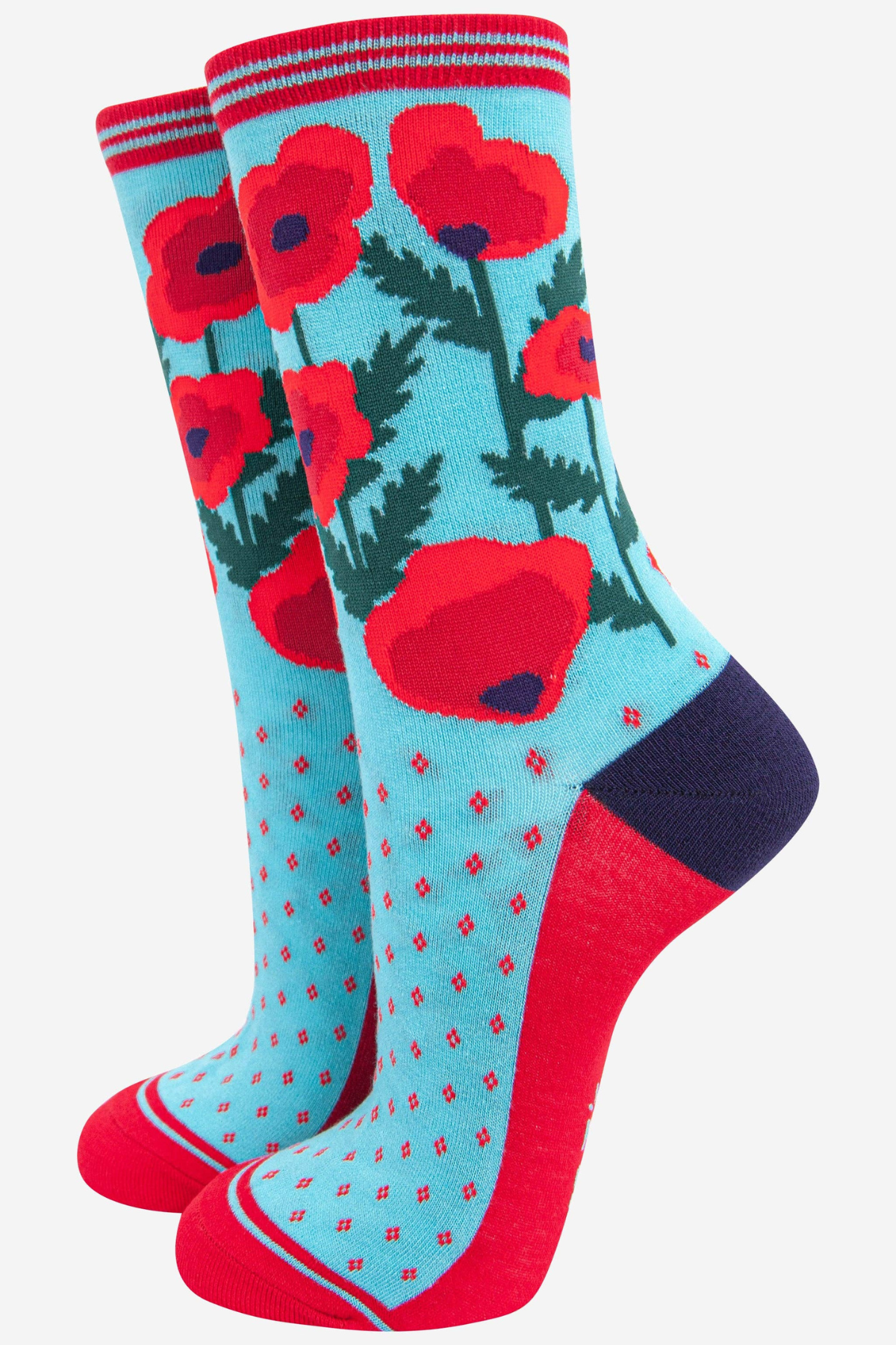 Blå bambusstrømper med rødt valmueprint fra Sock Talk, set fra siden.