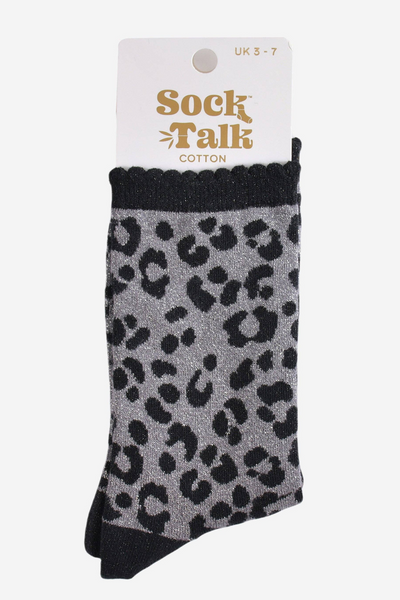 Bomulds Glimmerstrømper Leopard Sort/Grå