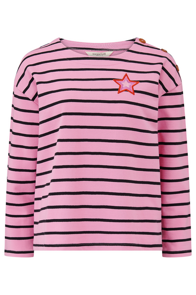 Produktbillede af CELINE BRETON bluse uden model, lyserød med sorte striber med stjernepatch.