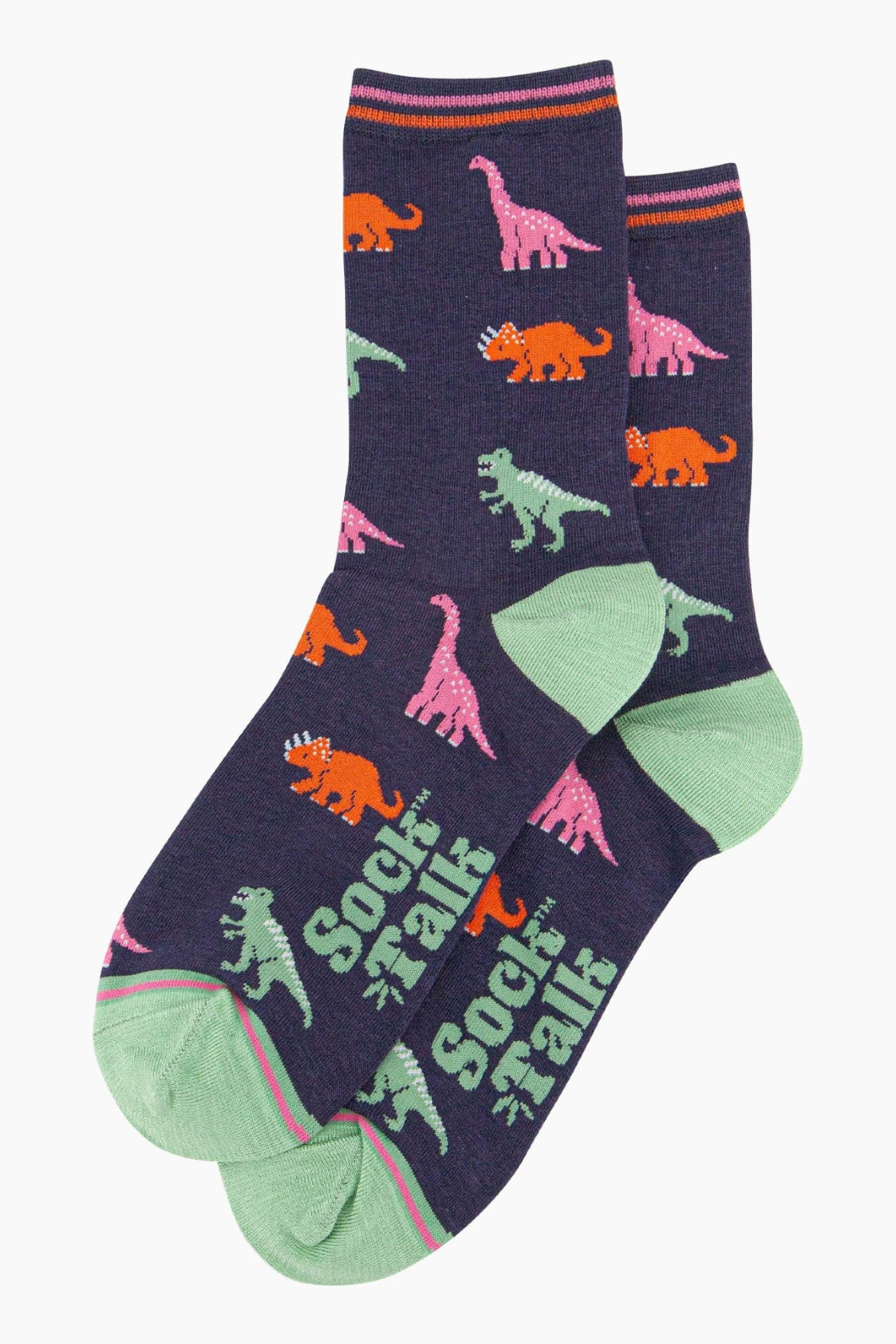 Fladtliggende sokker, hvor undersiden viser Sock Talk-logoet i mint farve.