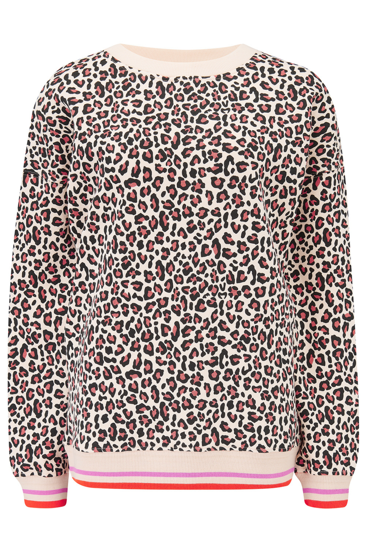 Eadie Relaxed Sweatshirt fra Sugarhill Brighton, leopardprint med stribet rib, produktbillede uden model.