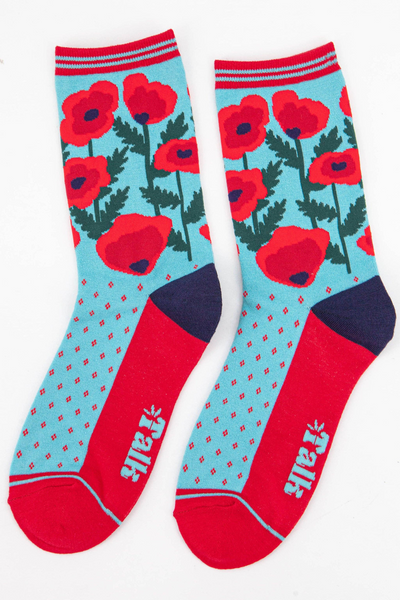 Poppy Flower bambusstrømper lagt fladt med synligt blomsterprint.