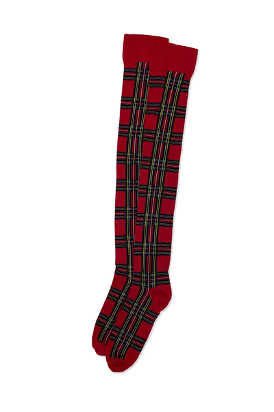 Fladt produktfoto af Pamela Mann Tartan Over The Knee Socks i rødt med tartan mønster.