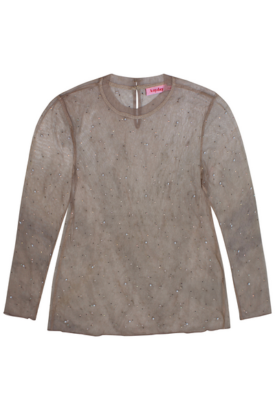 Ligera mesh bluse i nude fra Anyday Curves, set forfra, med perle- og sten-detaljer.