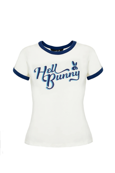 Produktbillede af Hell Bunny Lucy Logo T-Shirt i blå/hvid – frontvisning uden model