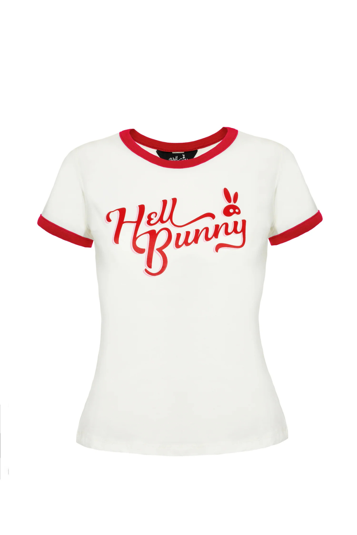 Produktbillede af Hell Bunny Lucy T-Shirt i hvid med rød kant og rødt logo – frontvisning