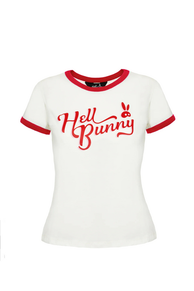 Produktbillede af Hell Bunny Lucy T-Shirt i hvid med rød kant og rødt logo – frontvisning