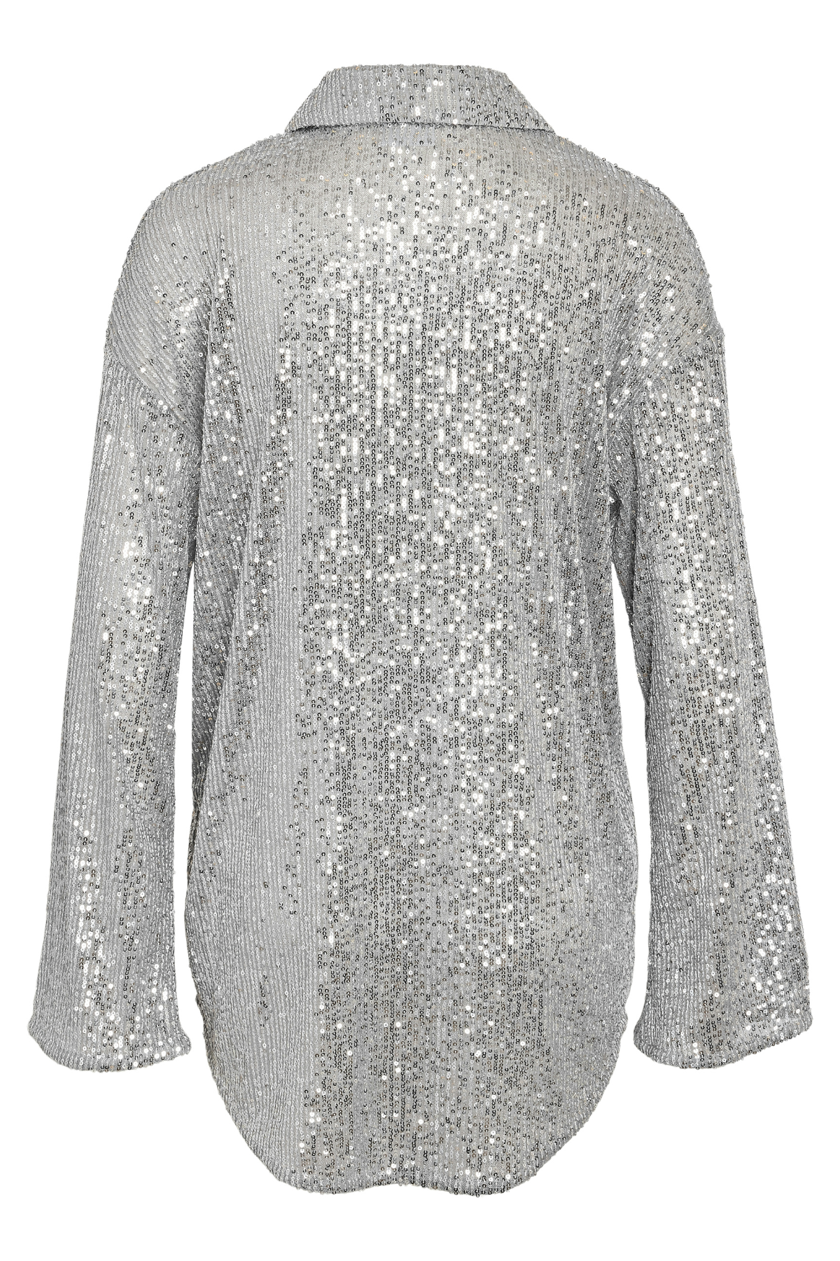 Produktbillede af Noisy May Scarlet Sequin Shirt – sølv pailletskjorte set bagfra.