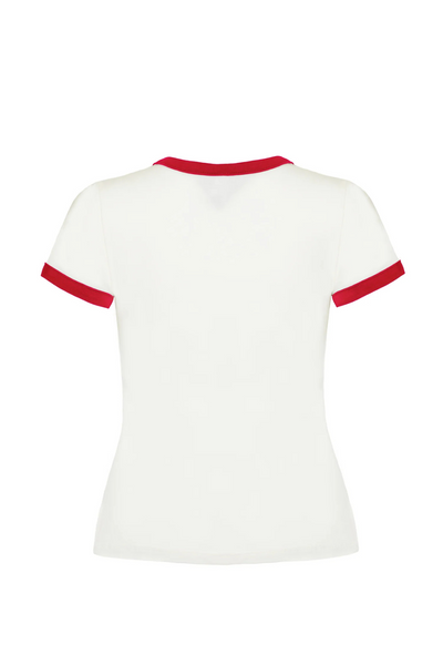 Bagside af Hell Bunny Lucy T-Shirt i rød/hvid – uden print, med røde kanter