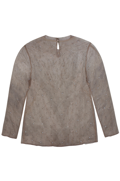 Ligera mesh bluse i nude fra Anyday Curves, set bagfra med knaplukning i nakken.