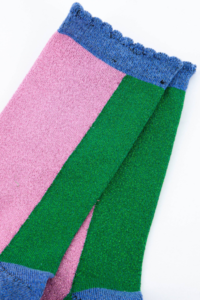 82 - Bomulds Glimmerstrømper Colorblock Lyserød/Grøn/Blå