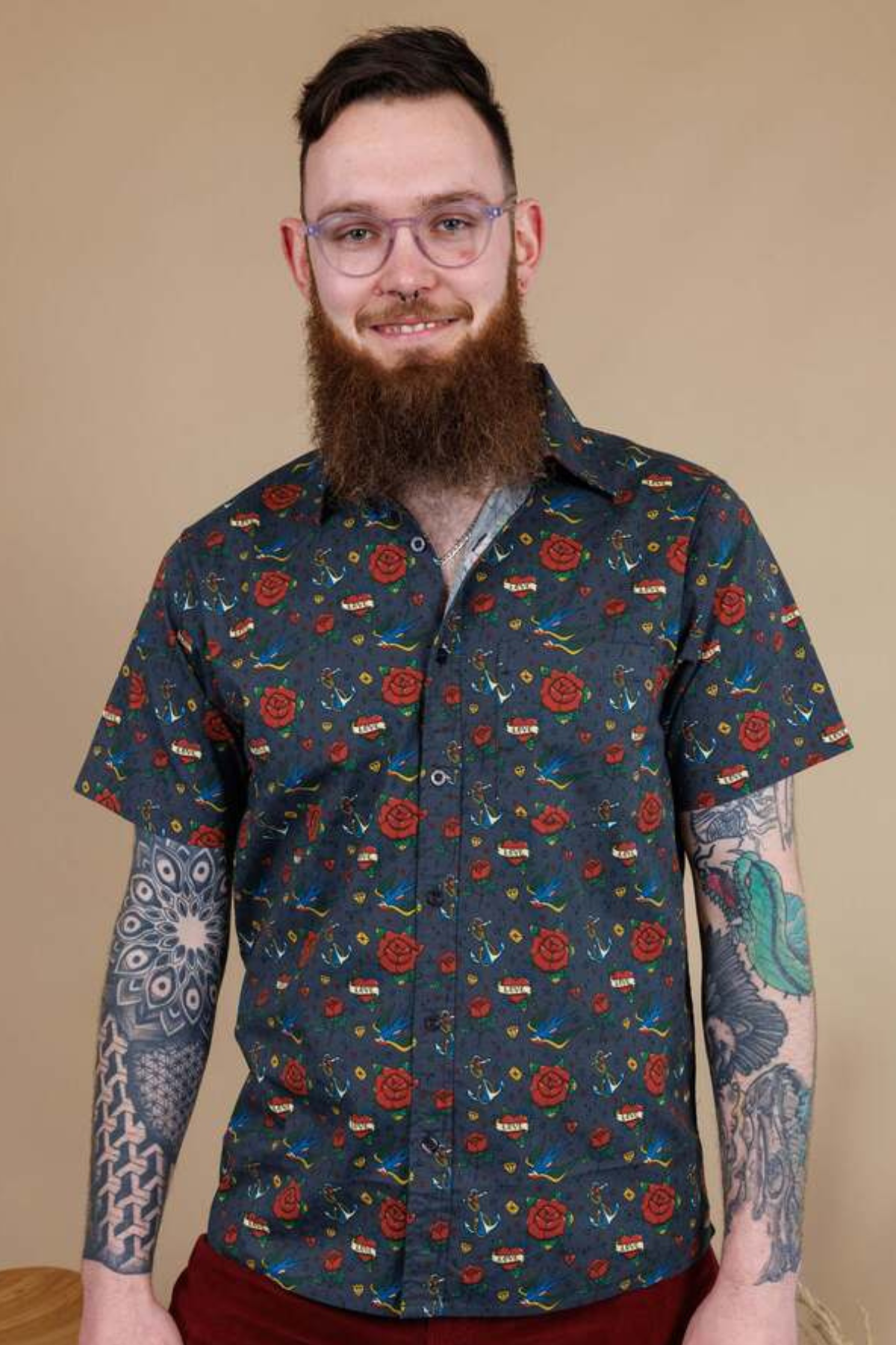 Kortærmet Skjorte Retro Old School Tattoo Mørkegrå