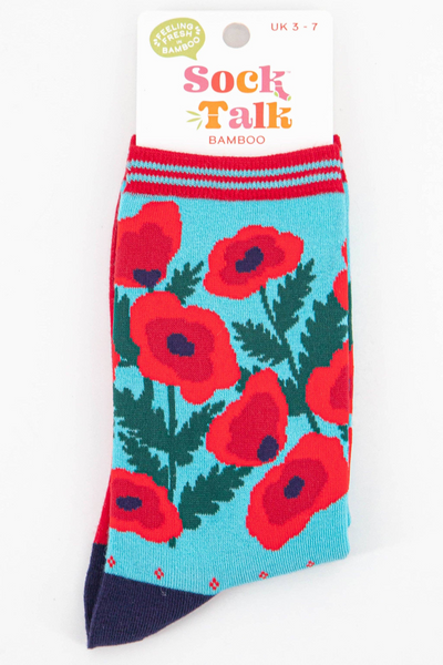 Sock Talk bambusstrømper i emballage med Poppy Flower print.