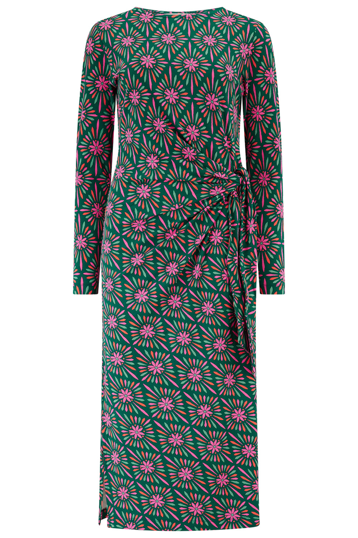 Claudia Jersey Tie Midi Dress produktbillede uden model – grøn med pink blomsterprint