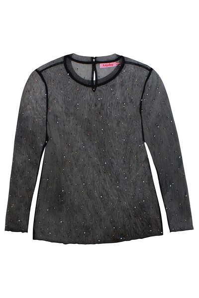 Ligera mesh bluse i sort fra Anyday Curves, set forfra med perler og simili-sten.