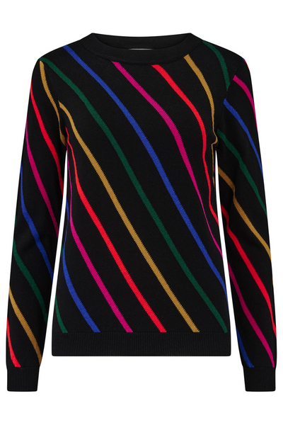 Produktbillede af Rowena Jumper – sort strik med farverige diagonale striber.