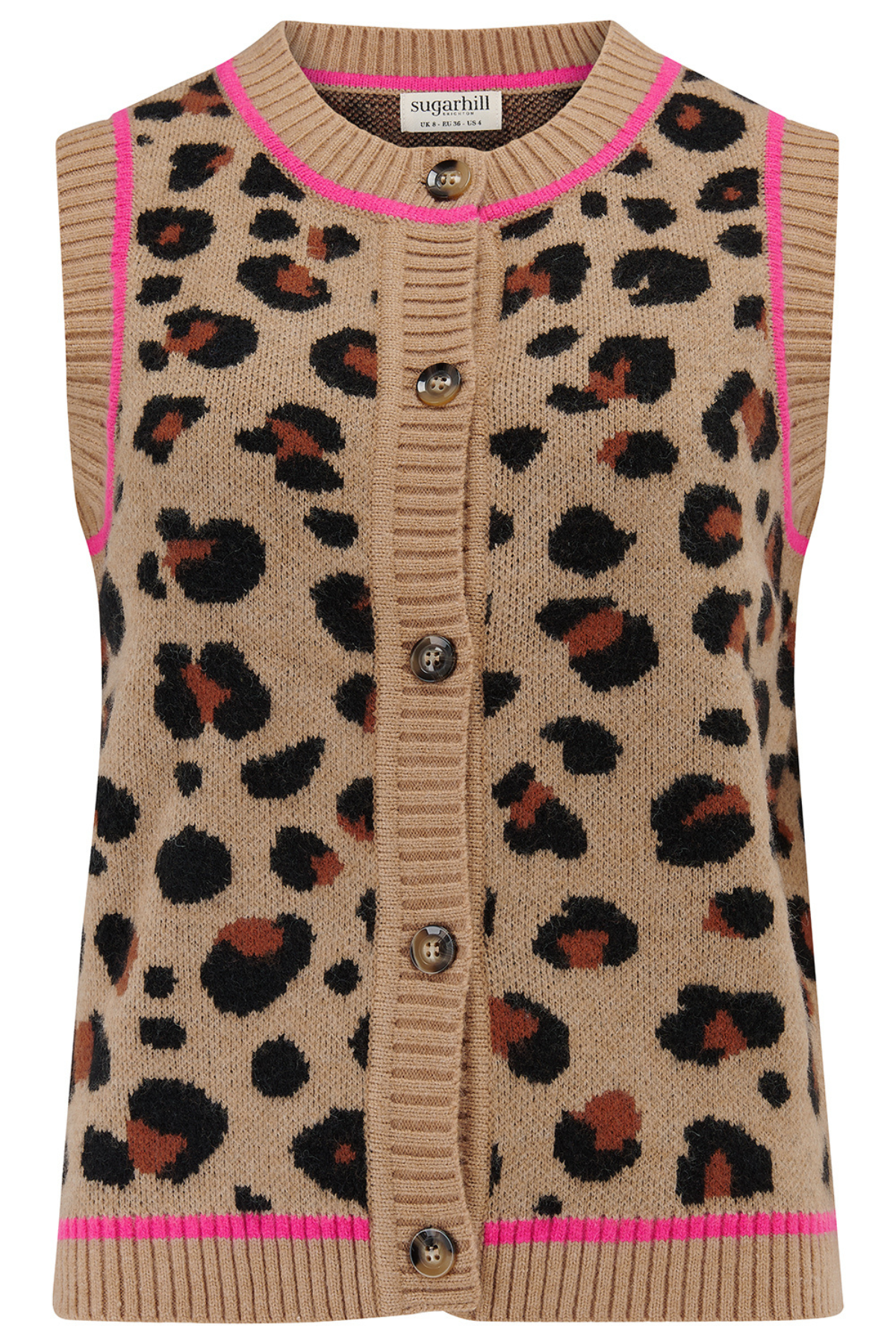 Produktfoto af leopard strikvest med pink detaljer – Sugarhill Brighton