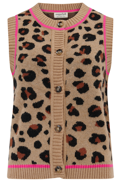 Produktfoto af leopard strikvest med pink detaljer – Sugarhill Brighton