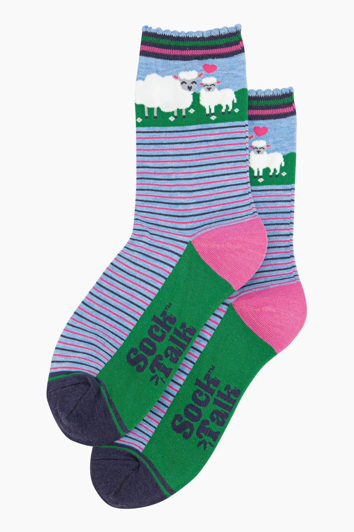 Fladtliggende fårestrømper med grøn sål og Sock Talk logo