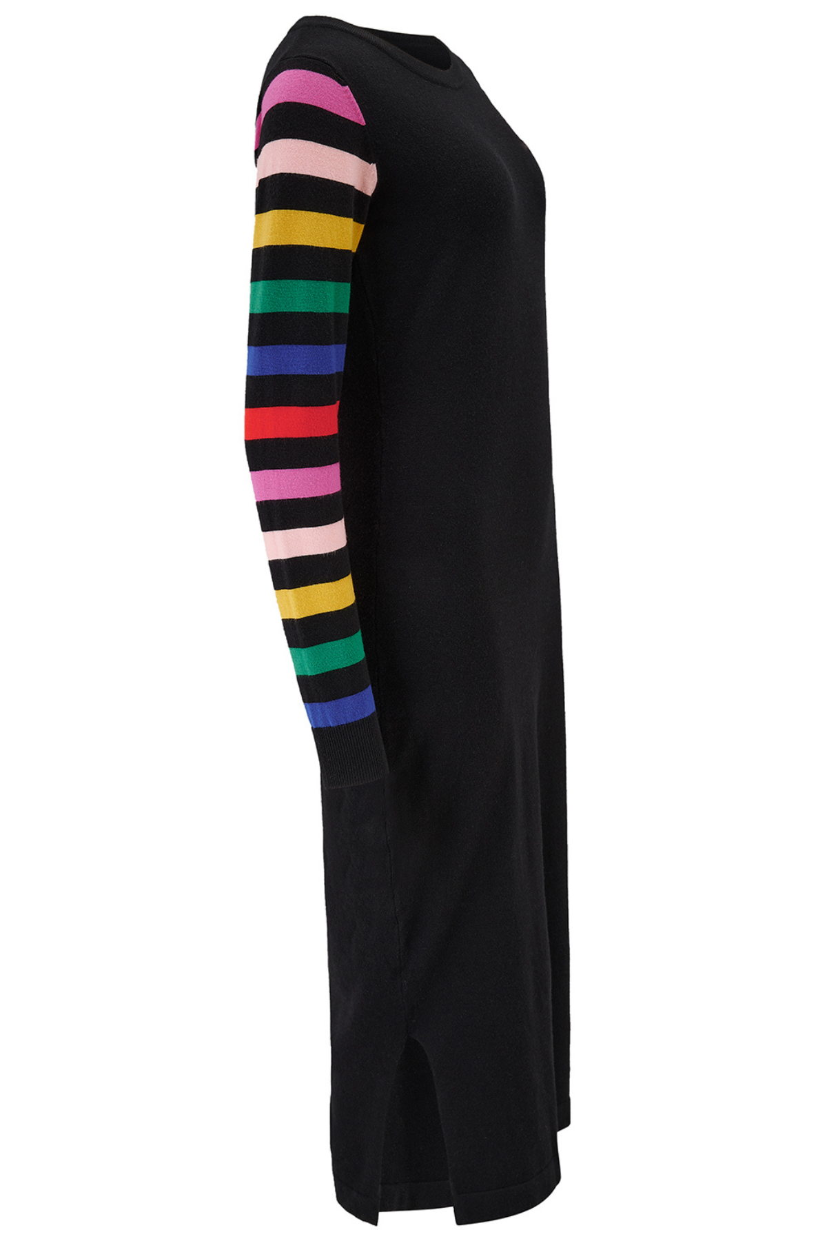 Sort strikkjole med multicolor stribede ærmer, set fra siden – produktfoto