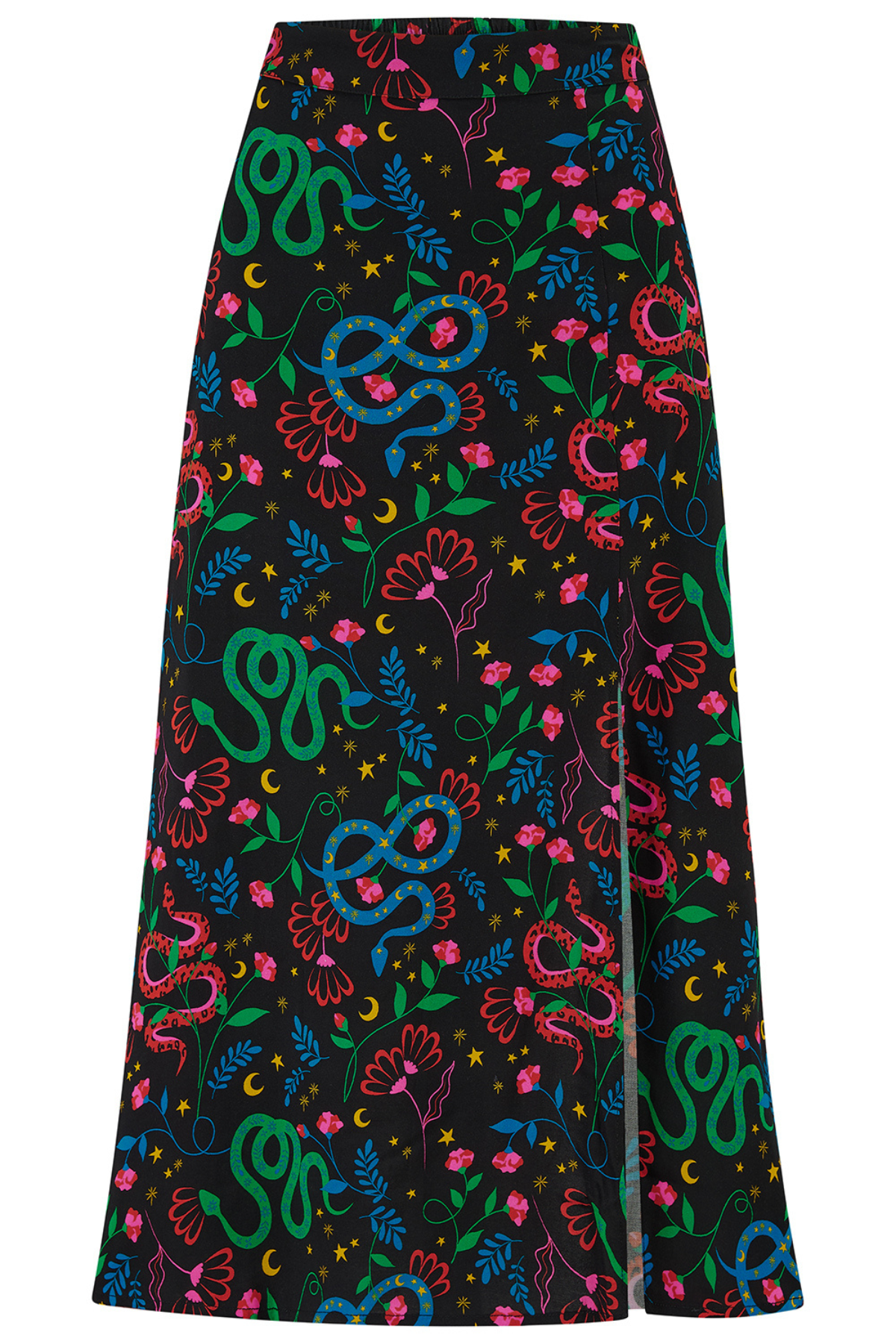 Produktbillede af Rosalind Skirt – sort midi nederdel med farvestrålende print