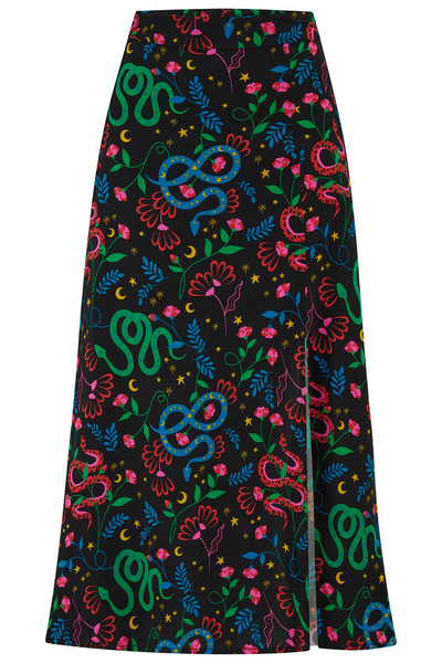 Produktbillede af Rosalind Skirt – sort midi nederdel med farvestrålende print