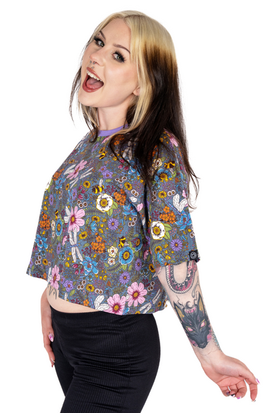 Kort Boxy T-shirt med blomsterprint -  Cottagecore Cropped Boxy Tee