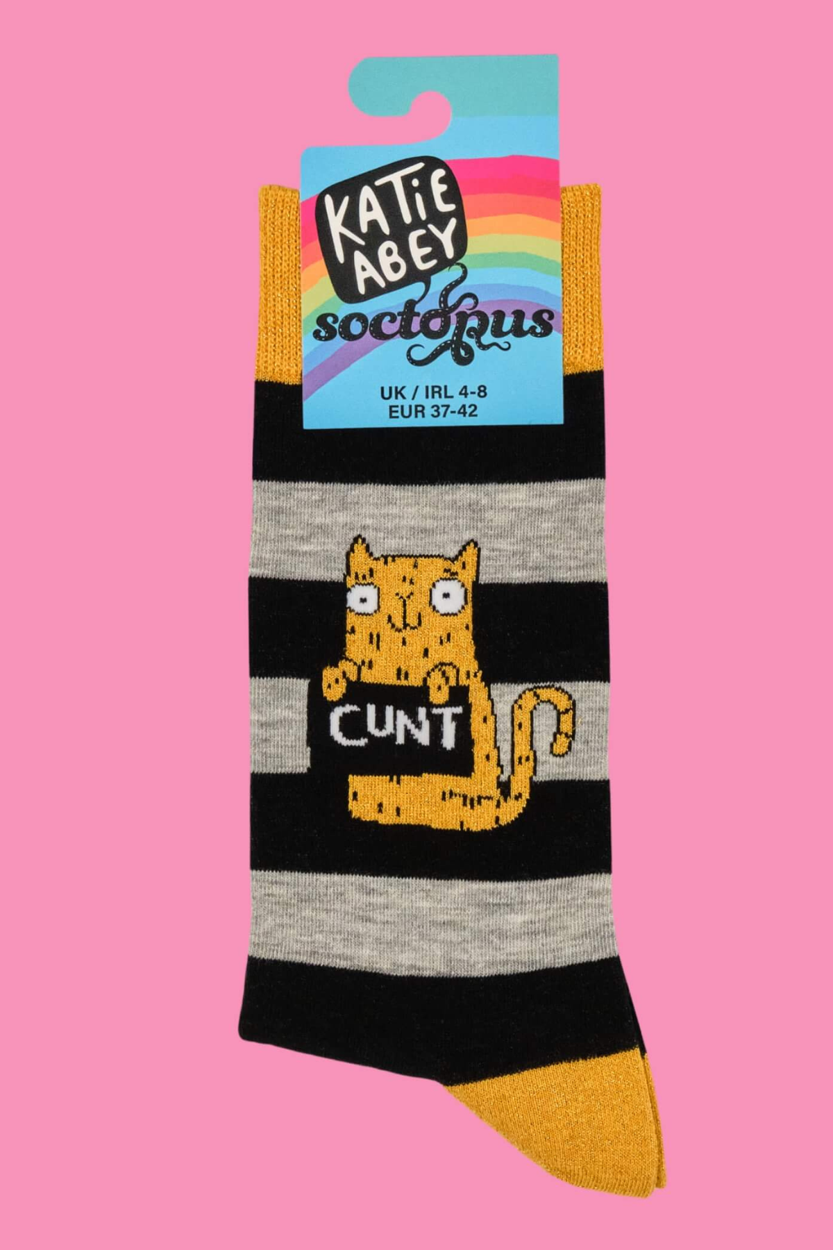 Katie Abey Sweary Cat strømper med ordet C*nt og gul kat