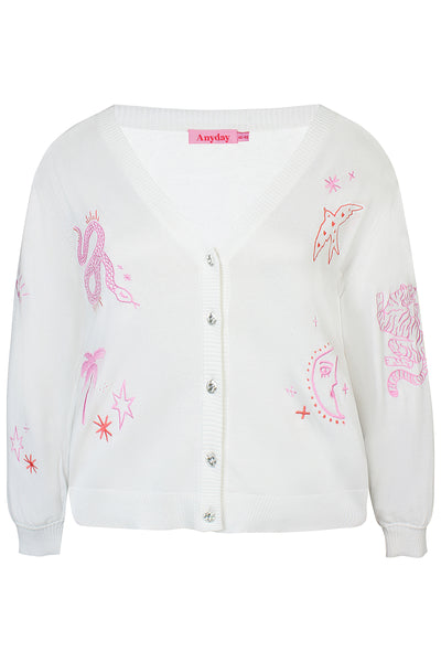 Hvid cardigan med rødt print
