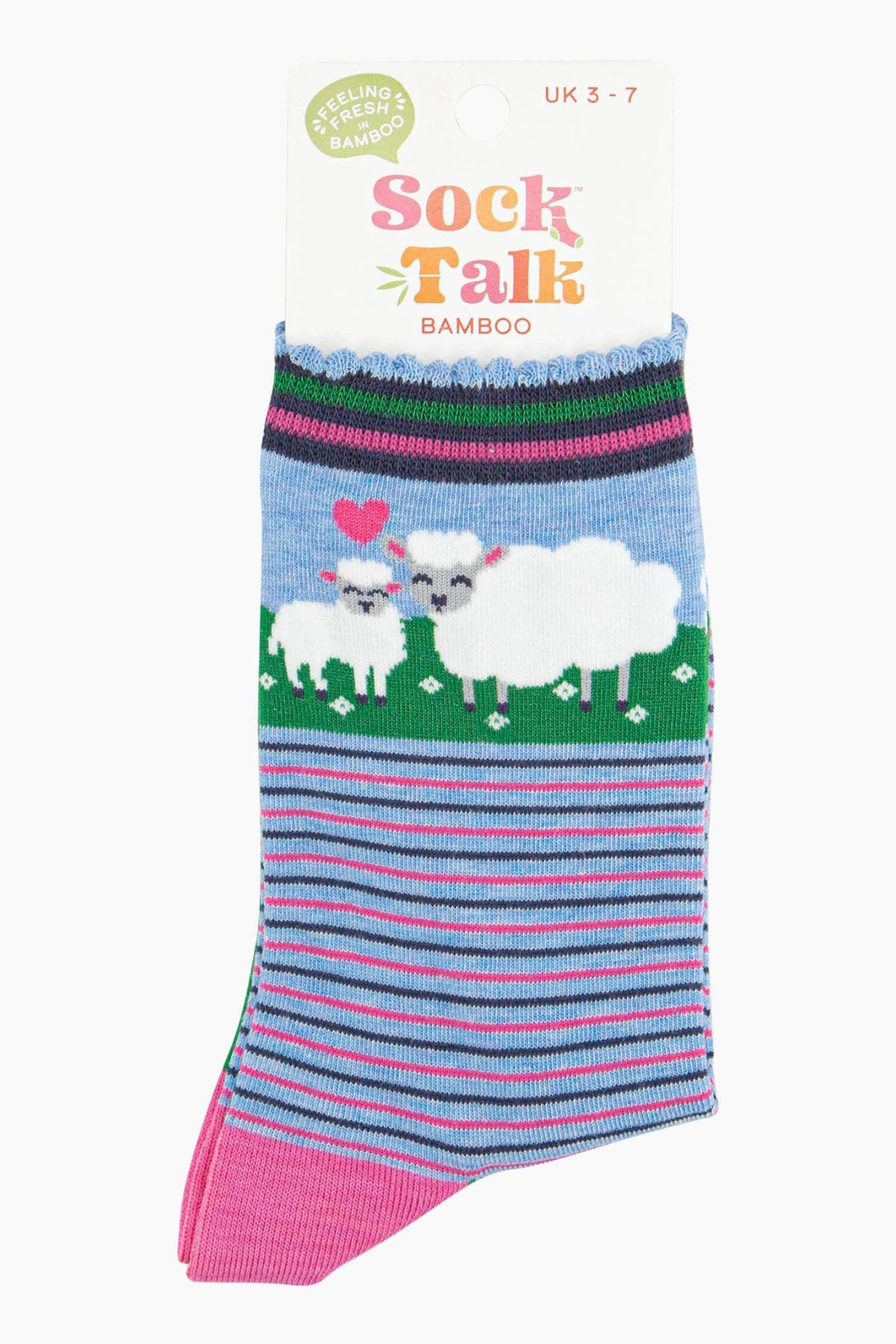 Pakning af Sheep Love strømper fra Sock Talk – fåremotiv og striber