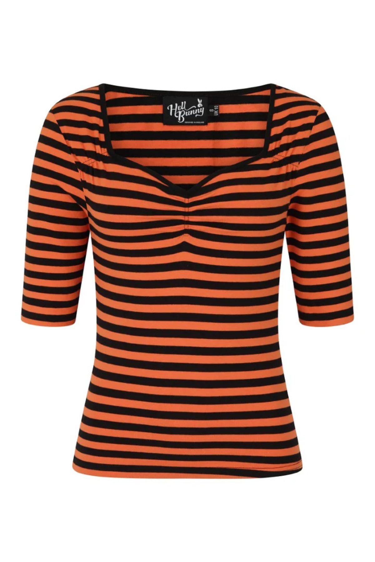 Warlock Top Orange/Sort – Strækbar stribet bluse med sweetheart-udskæring